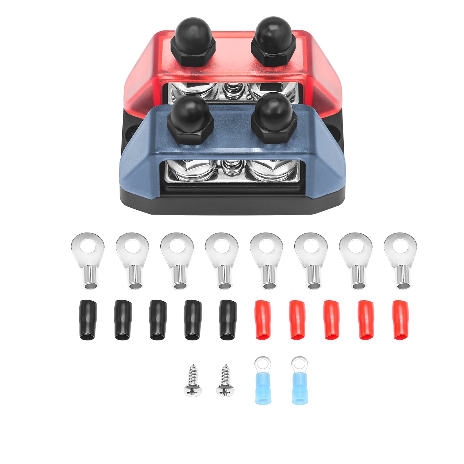 DS21-516 - Dual Row Busbar Positive and Negative 2 X 5/16” Studs 1 X #8 Screw Terminals Power and Ground Distribution Block with Ring Terminals (red & Black)