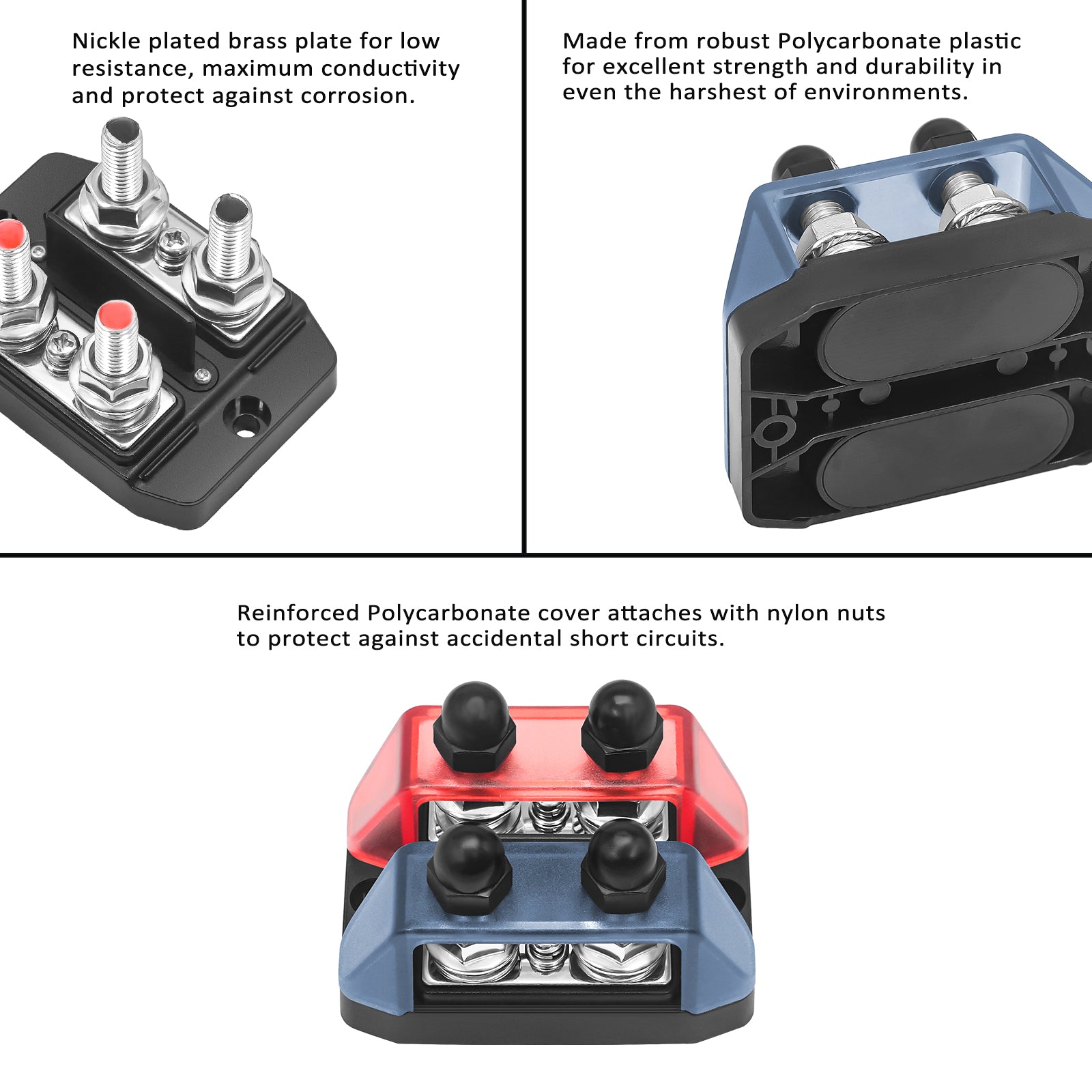 DS21-516 - Dual Row Busbar Positive and Negative 2 X 5/16” Studs 1 X #8 Screw Terminals Power and Ground Distribution Block with Ring Terminals (red & Black)