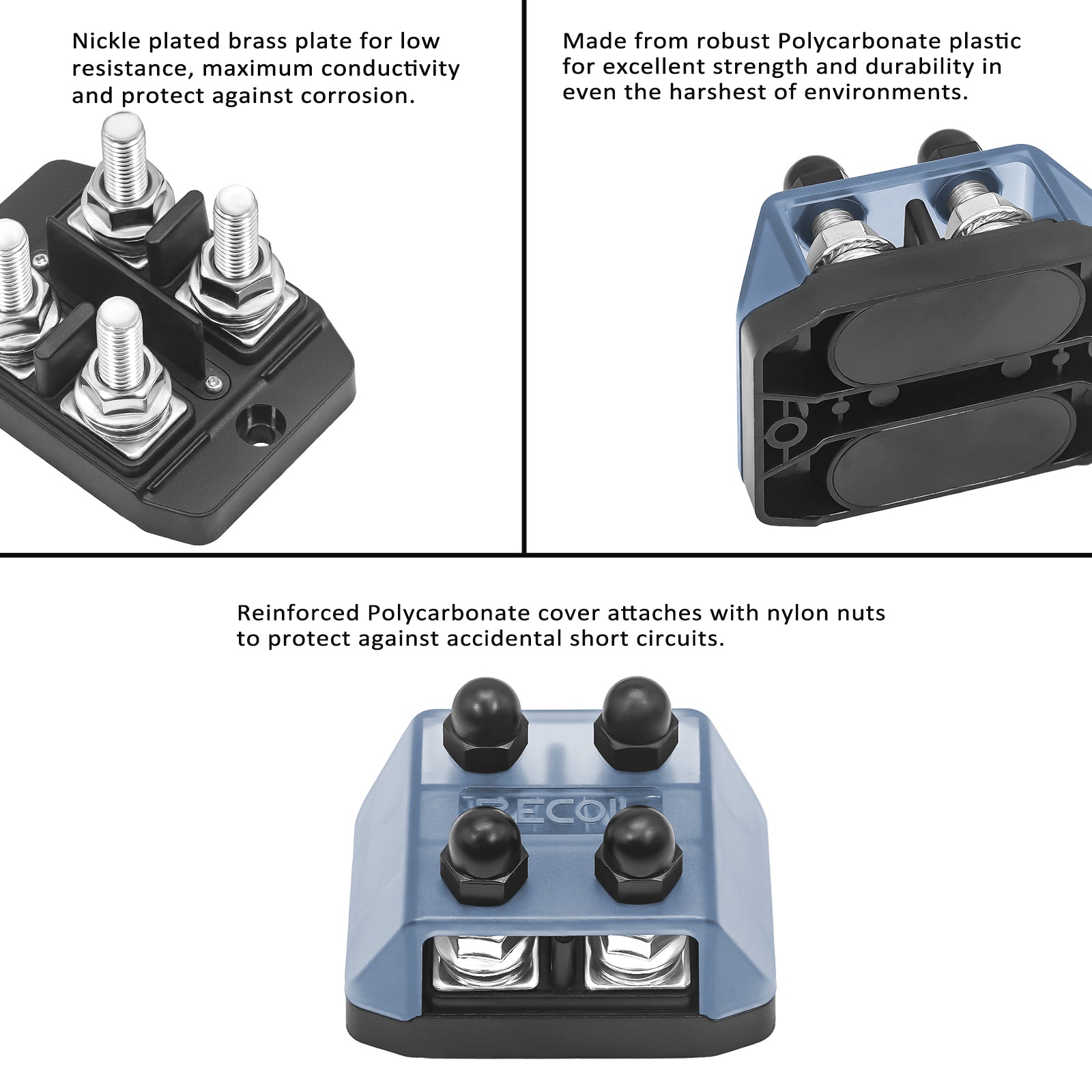DSI2-516 - 4-way Insulated Busbar 4 X 5/16” Studs Power and Ground Distribution Block with Divider, Jumper and Ring Terminals