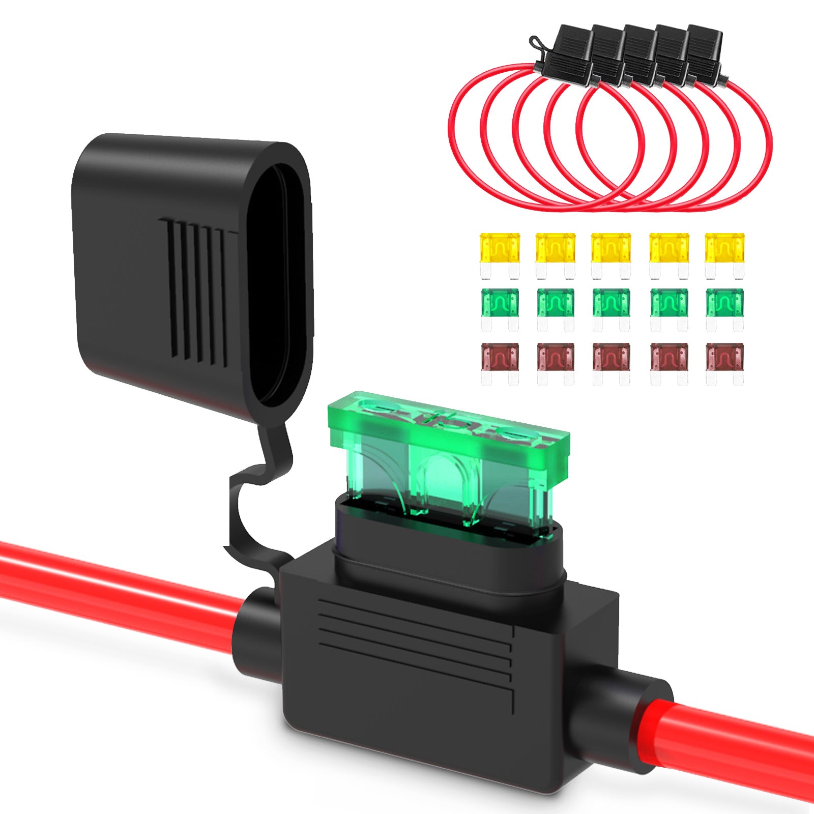 FHA10-5 - 5-pack Atc/ato Inline 10awg Fuse Holders, True Spec Oxygen Free Copper 10awg Wire, Include 5pcs of Each 20a 30a & 40a Fuses