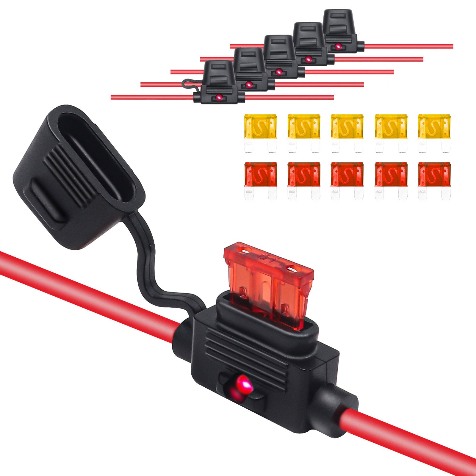 FHL16-5 - 5 Pack 16awg LED Indicator Atc/ato Inline Fuse Holder with 10pcs 5a & 10a Atc/ato Fuses