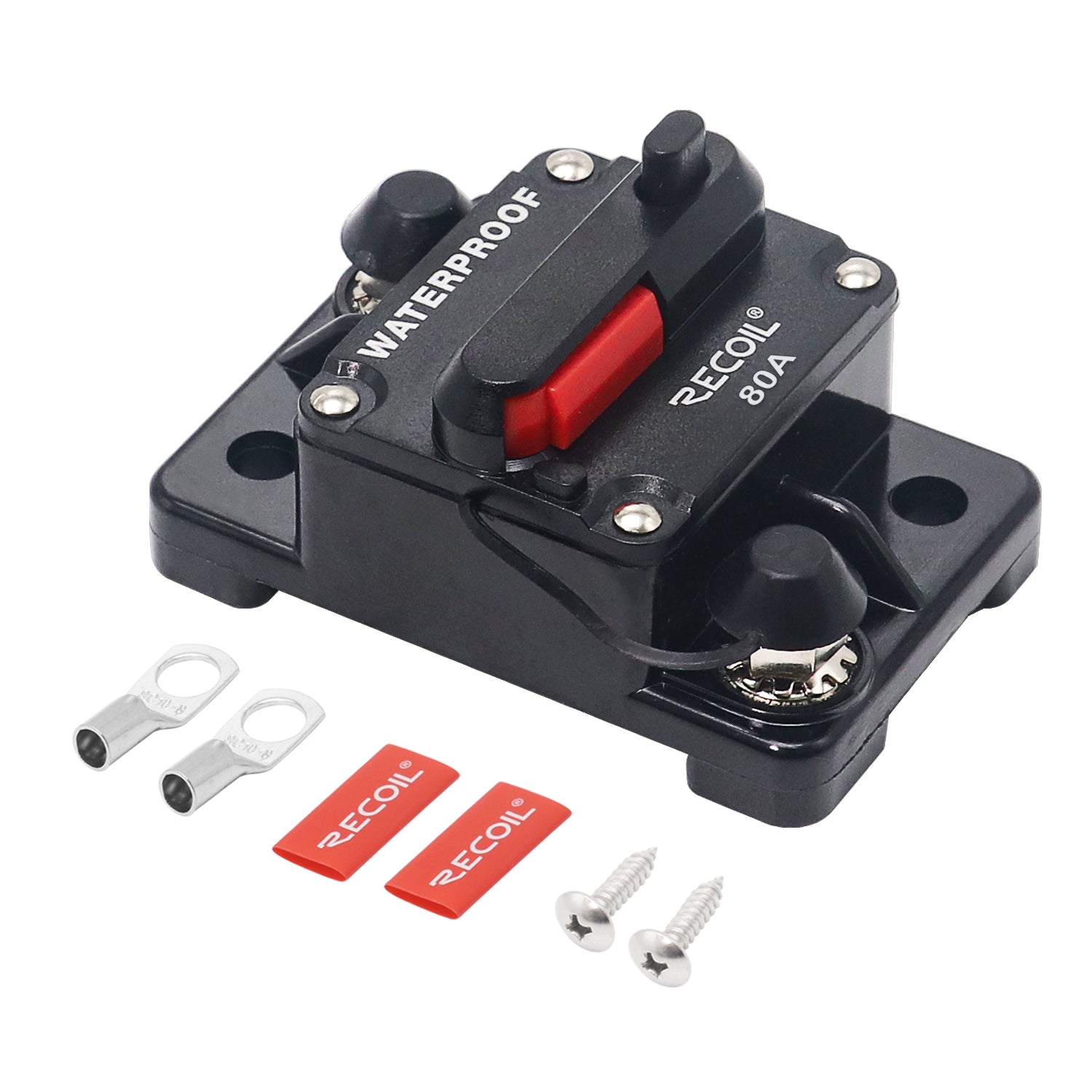 RCB80 - Amp Waterproof Circuit Breaker with Switch Manual Reset for Car RV Marine Automotive Stereo Audio Electronic System Include Ring Terminal Heat Shrink Sleeve and Screws