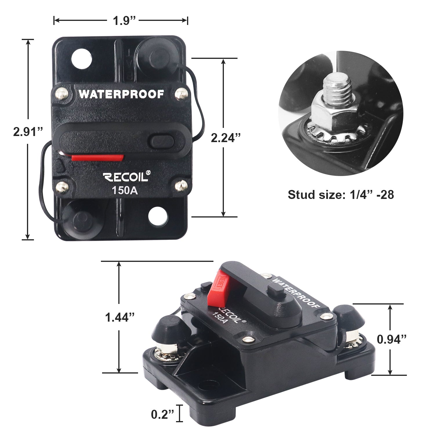 RCB150 - Amp Waterproof Circuit Breaker with Switch Manual Reset for Car RV Marine Automotive Stereo Audio Electronic System Include Ring Terminal Heat Shrink Sleeve and Screws