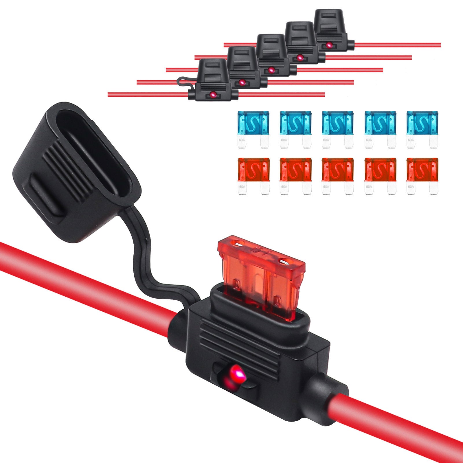 FHL12-5 - 5 Pack 12awg LED Indicator Atc/ato Inline Fuse Holder with 10pcs 10a & 15a Atc/ato Fuses