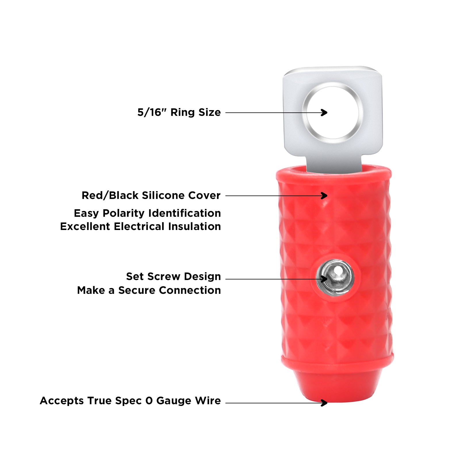 HR0Q - 1/0 Gauge Set Screw Brass Ring Terminals Battery Connectors with Red/black Silicon Covers