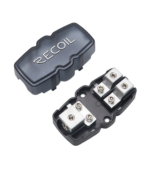 MFH12 - Recoil 2 Way Mini-anl Fused Distribution Block, 1 X 0/2/4 Gauge in / 2 X 4/8 Gauge Out Fused Distribution Block with 60a, 80a, 100a Fuses, Solid Brass for Maximum Power Transfer
