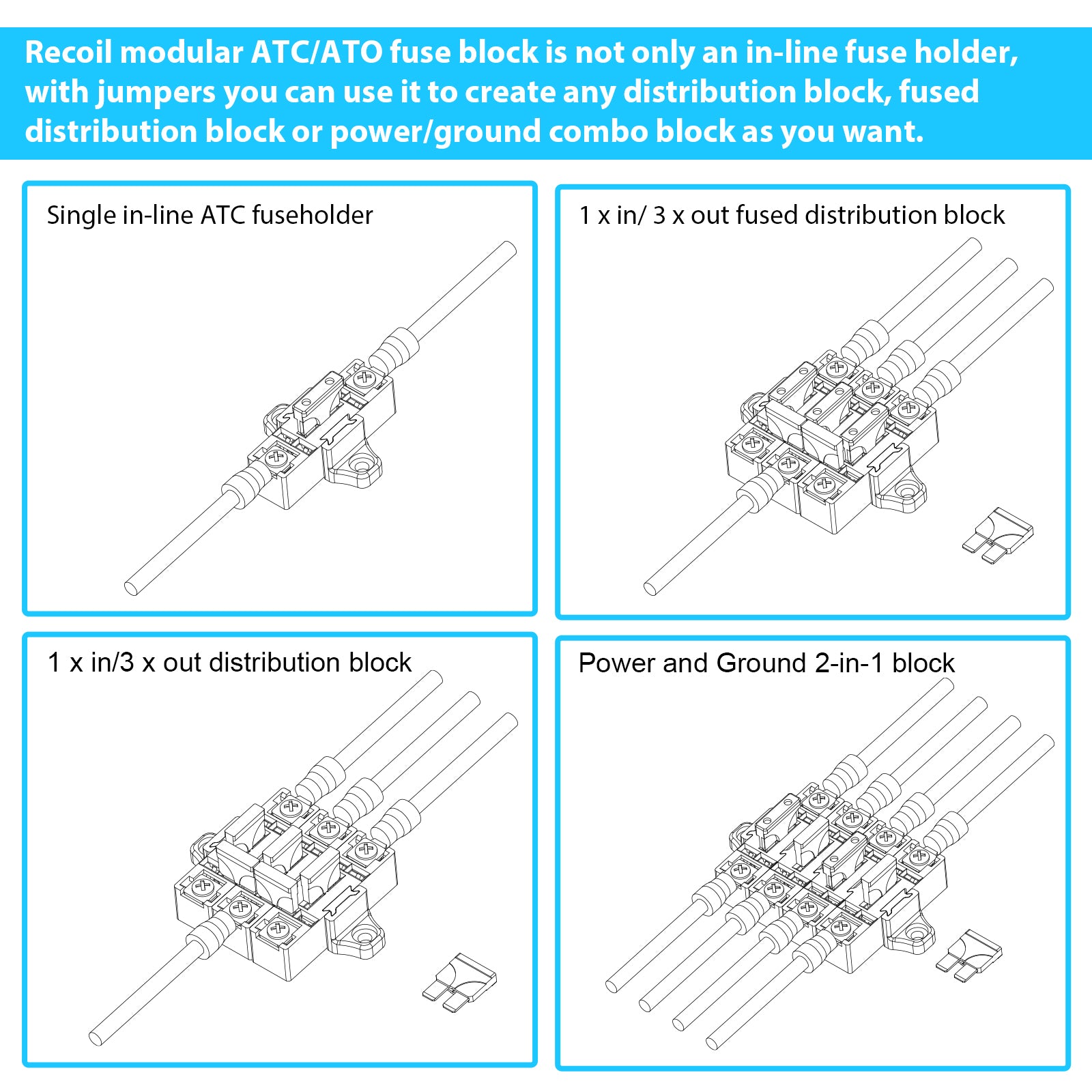 MOD-AK4 - 4 Pack Modular Expandable Atc/ato Inline Fuse Holders, Adding Circuits with Jumpers to Create Any Power and Ground Distribution Block, 5a and 10a Atc/ato Fuses, Decals and Spade Connectors Included