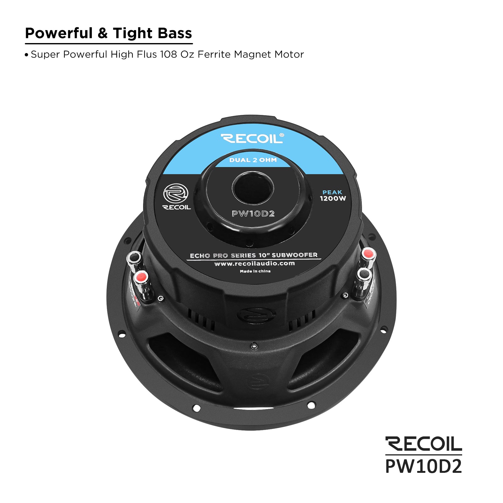 PW10D2 - Echo Pro 10 Inch Subwoofer - 1,200 Watts Power Dual 2 OHM Voice Coil, 2.5" Black-coated 4 Layer High Temperature Voice Coil, Competition Grade Impp Cone