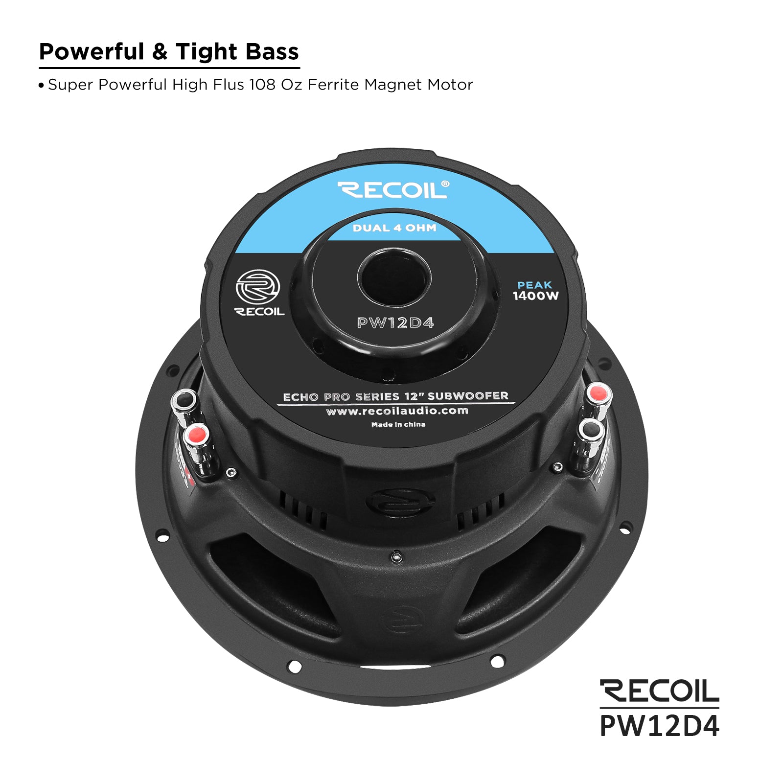 PW12D4 - Echo Pro 12 Inch Subwoofer - 1,400 Watts Power Dual 4 OHM Voice Coil, 2.5" Black-coated 4 Layer High Temperature Voice Coil, Competition Grade Impp Cone