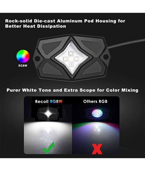 RLK4 - Waterproof Rgbw LED Rock Lights 4 Pods, Underglow Multicolor LED Light for Car Truck ATV UTV Suv Off-road Boat, Bluetooth App and Rf Remote Controller, Music Mode