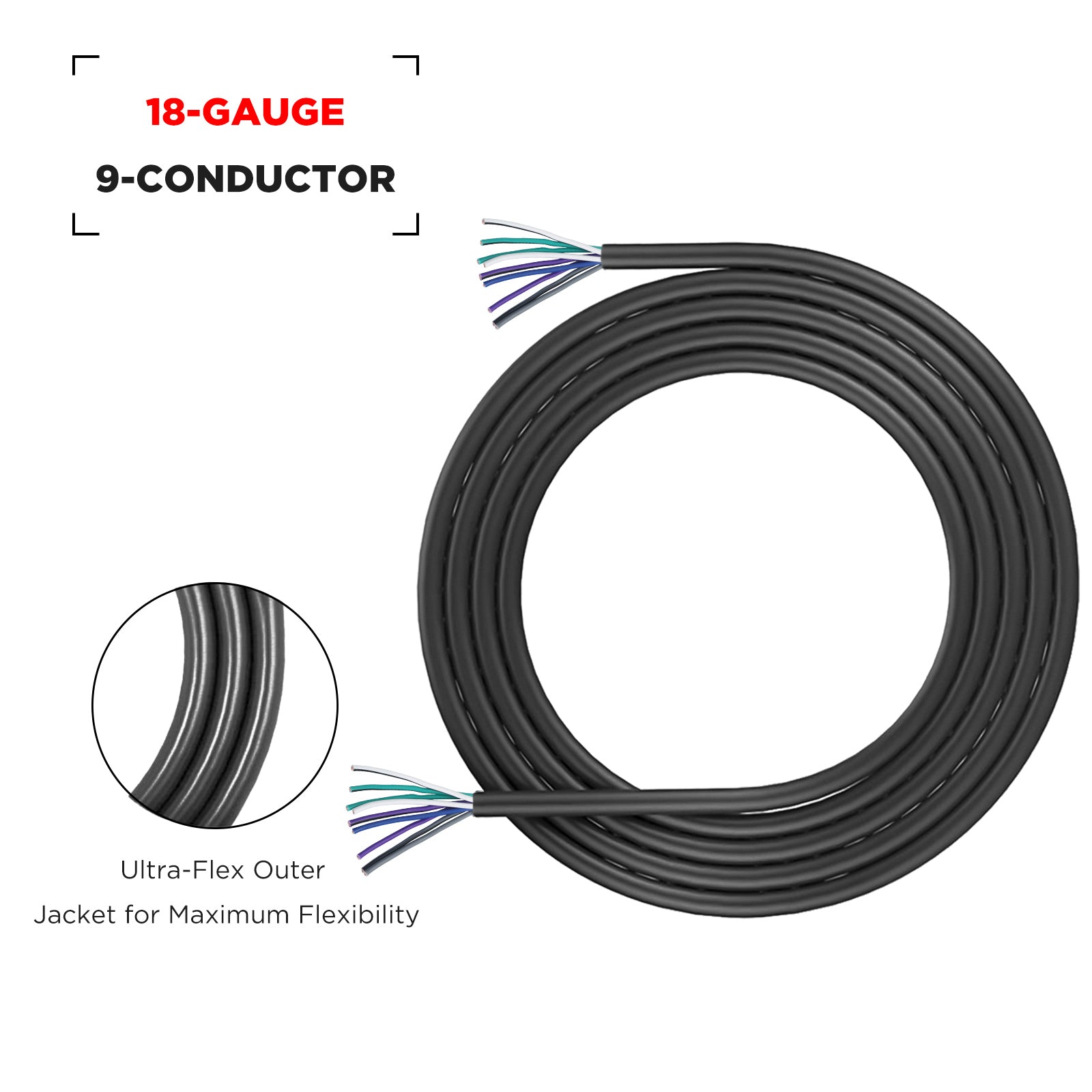 RS918-20 - 20-feet 9-conductor Speaker Cable, 18awg CCA, Ultra-flex and Easy Peel Jacket, 4-channel Speaker Wire and Remote Wire