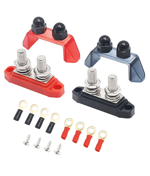 S2P-38 - Busbar Dual 3/8” Studs Terminal Power Distribution Block with Ring Terminals Pair (red & Black)