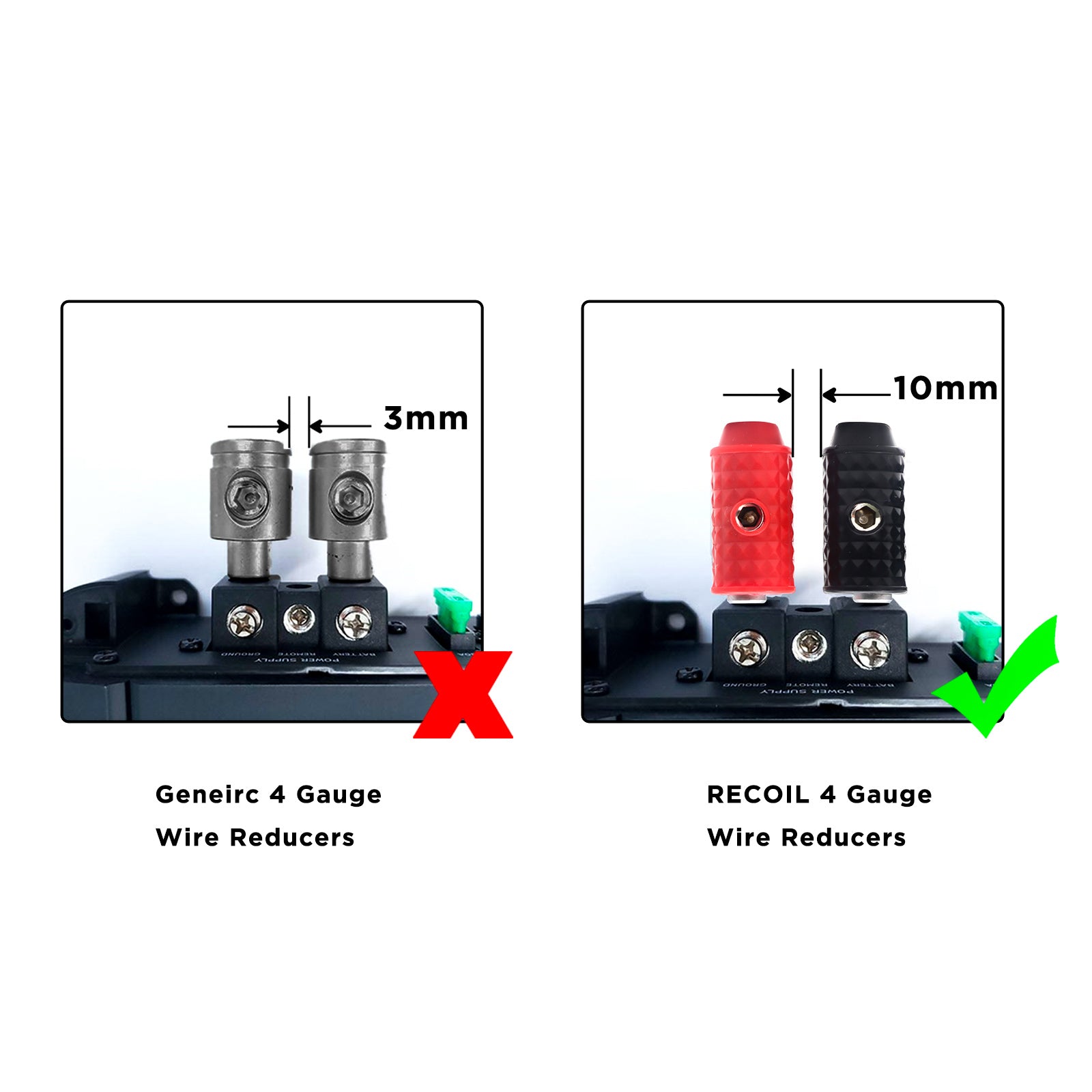 WR48Q - Two Pairs Amplifier Power/ground Input Wire Gauge Reducer Brass 4 Gauge to 8 Gauge with Red/black Silicon Covers, Marine-grade Satin Chrome Finish
