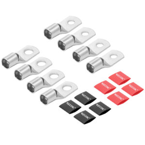 RT4-8K 8pcs 4AWG 3/8” and 4AWG 5/16” Copper Ring Terminals, Cable Lugs, Wire Lugs, Heavy Duty Battery Lugs, with 8pcs Heat Shrink Tubing