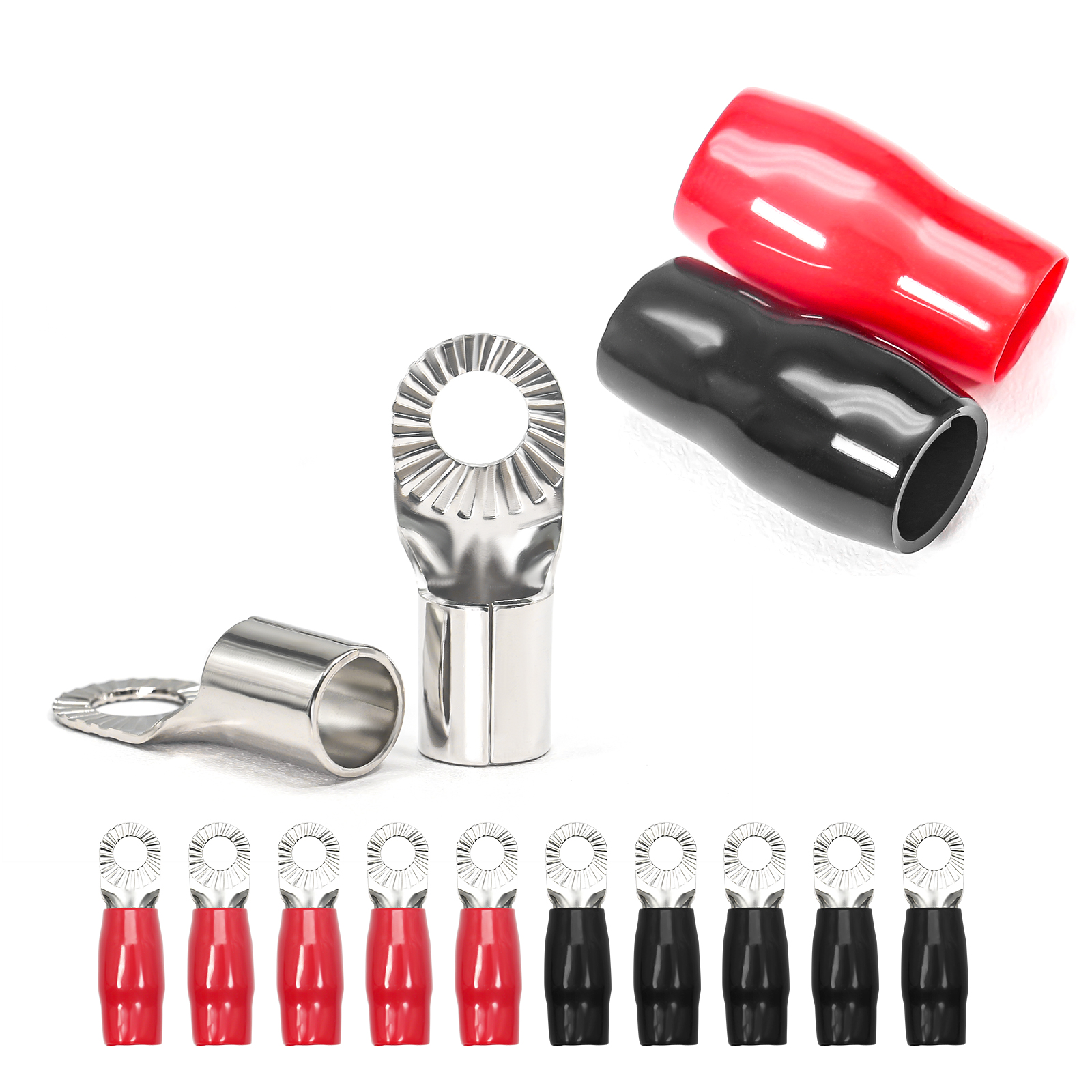 RT038-10 10pcs 0AWG Copper Ring Terminals, 3/8” Ring Hole, Shiny Nickel Plated Crimp Ring Terminals with 10pcs Red & Black Soft Boots